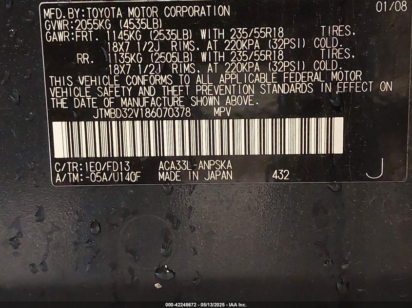 2008 TOYOTA RAV4 VIN: JTMBD32V186070378