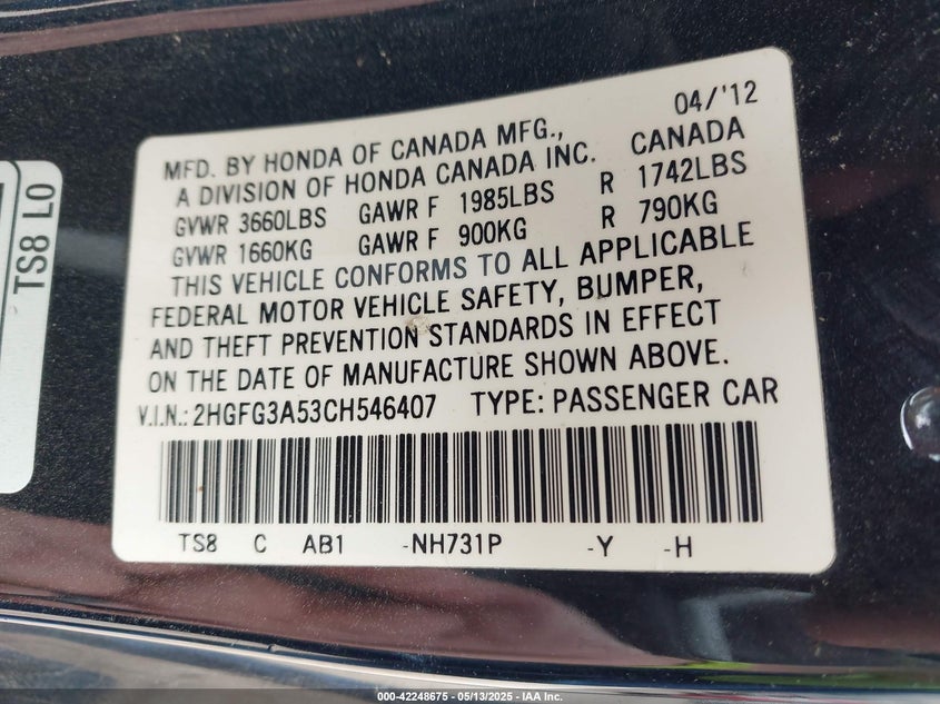 2012 HONDA CIVIC VIN: 2HGFG3A53CH546407