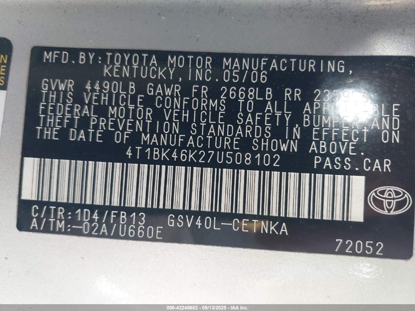 2007 Toyota Camry Le V6 VIN: 4T1BK46K27U508102 Lot: 42248682