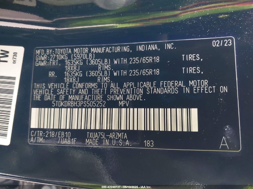 2023 Toyota Highlander Le VIN: 5TDKDRBH3PS50525 Lot: 42248727