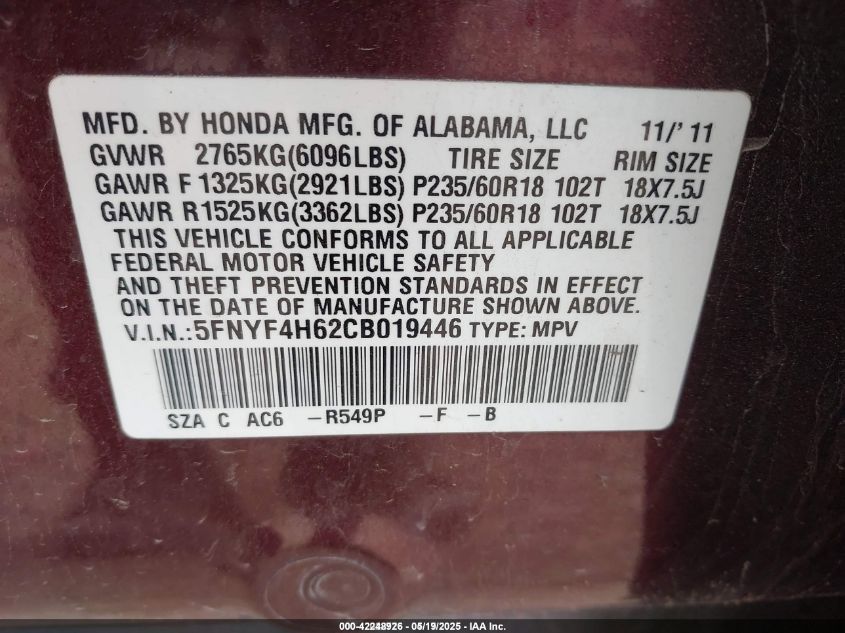 2012 Honda Pilot Ex-L VIN: 5FNYF4H62CB019446 Lot: 42248926