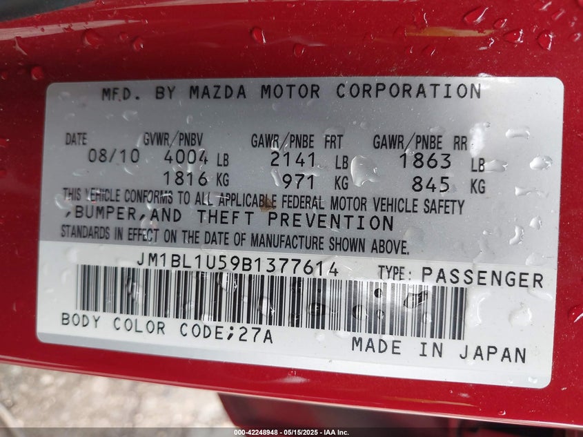 2011 MAZDA MAZDA3 VIN: JM1BL1U59B1377614