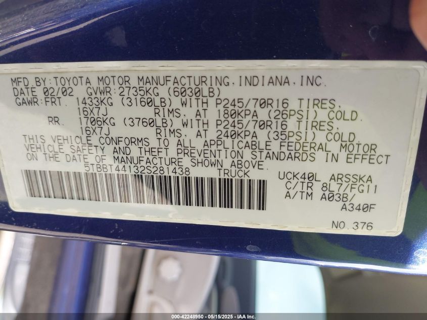 2002 Toyota Tundra Sr5 V8 VIN: 5TBBT44132S281438 Lot: 42248950