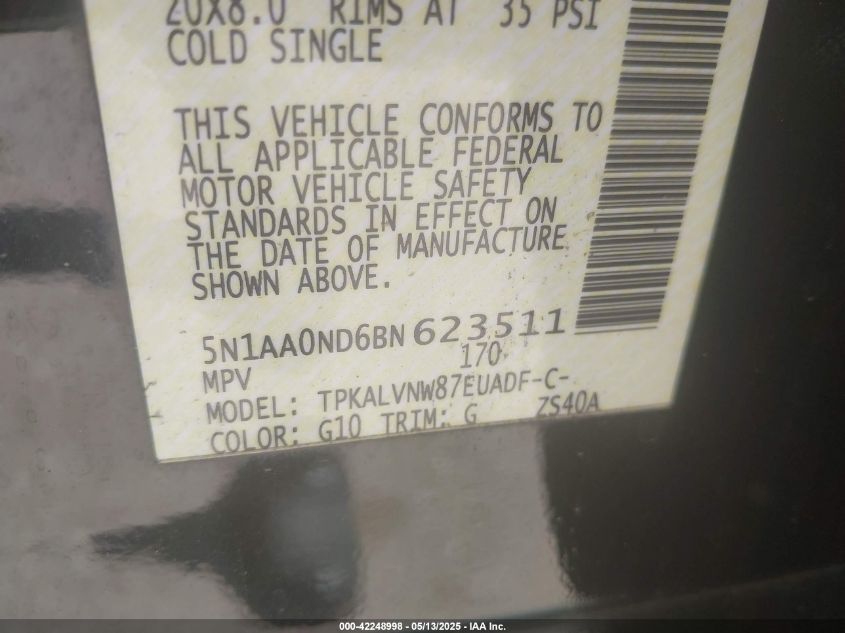 2011 Nissan Armada Sl VIN: 5N1AA0ND6BN623511 Lot: 42248998