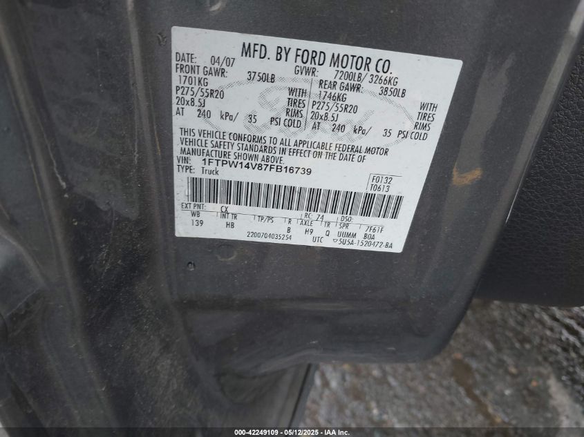 2007 Ford F-150 Fx4/Lariat/Xlt VIN: 1FTPW14V87FB16739 Lot: 42249109