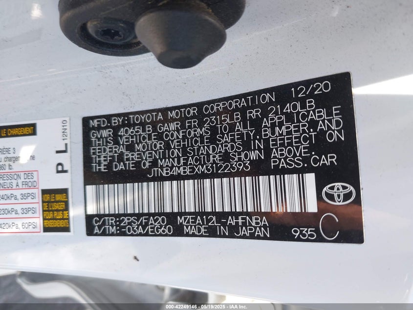 2021 TOYOTA COROLLA VIN: JTNB4MBEXM3122393