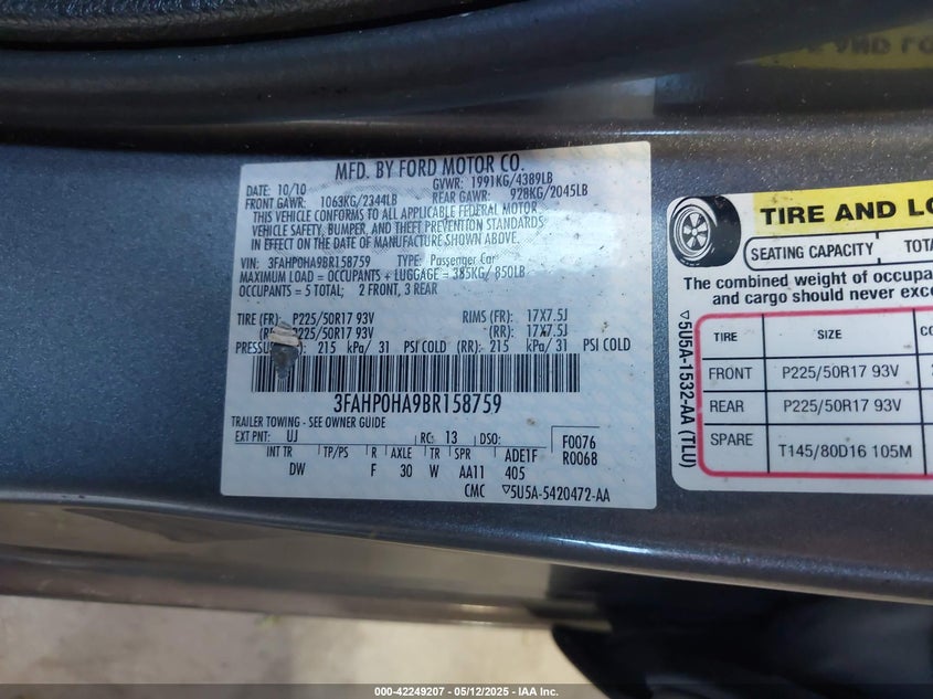 2011 FORD FUSION VIN: 3FAHP0HA9BR158759