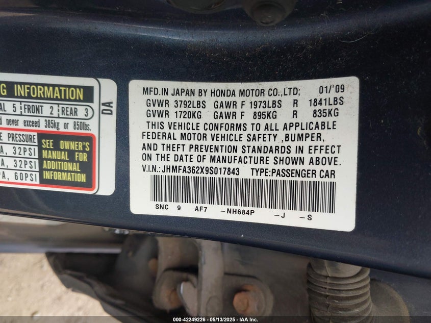 2009 HONDA CIVIC HYBRID VIN: JHMFA362X9S017843