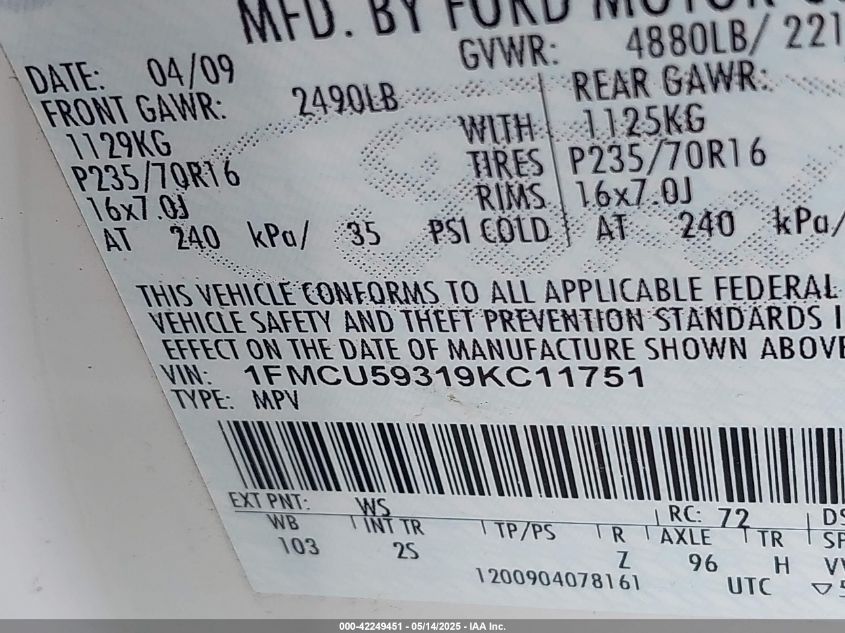 2009 Ford Escape Hybrid VIN: 1FMCU59319KC11751 Lot: 42249451