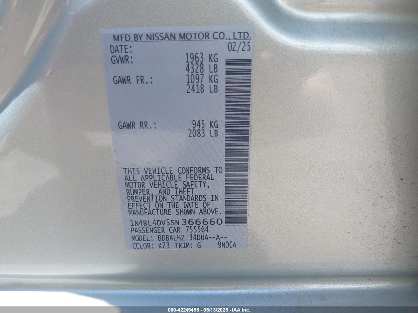 2025 NISSAN ALTIMA VIN: 1N4BL4DV5SN366660