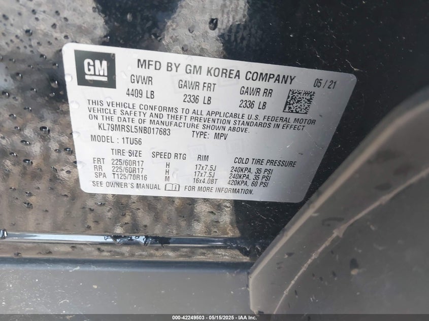 2022 CHEVROLET TRAILBLAZER VIN: KL79MRSL5NB017683