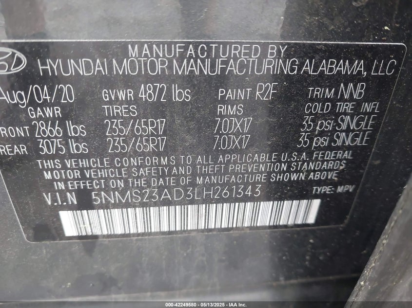 2020 HYUNDAI SANTA FE VIN: 5NMS23AD3LH261343