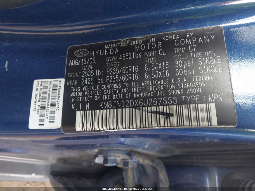 2006 Hyundai Tucson Gls/Limited VIN: KM8JN12DX6U267333 Lot: 42249616