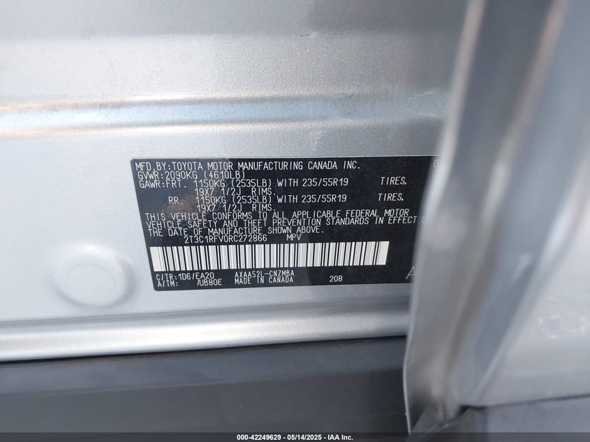 2024 TOYOTA RAV4 2.5L I4   N(VIN: 2T3C1RFV0RC272866