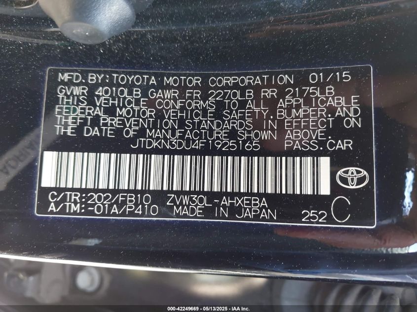 2015 Toyota Prius Three VIN: JTDKN3DU4F1925165 Lot: 42249669