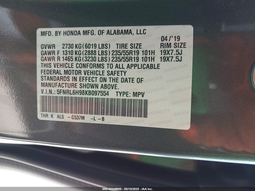 2019 HONDA ODYSSEY ELITE 5FNRL6H98KB097554