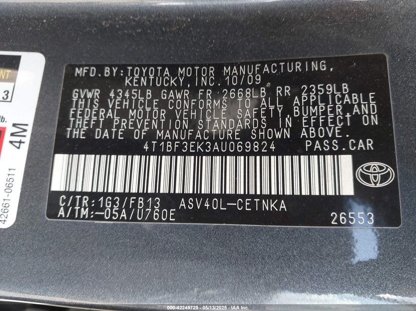 2010 TOYOTA CAMRY VIN: 4T1BF3EK3AU069824