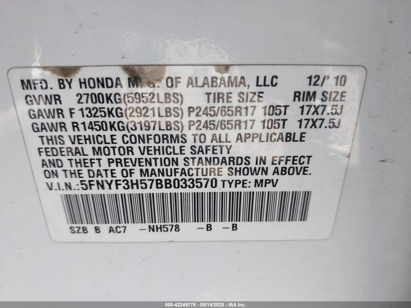 2011 HONDA PILOT VIN: 5FNYF3H57BB033570