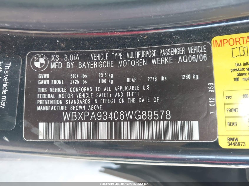 2006 BMW X3 VIN: WBXPA93406WG89578
