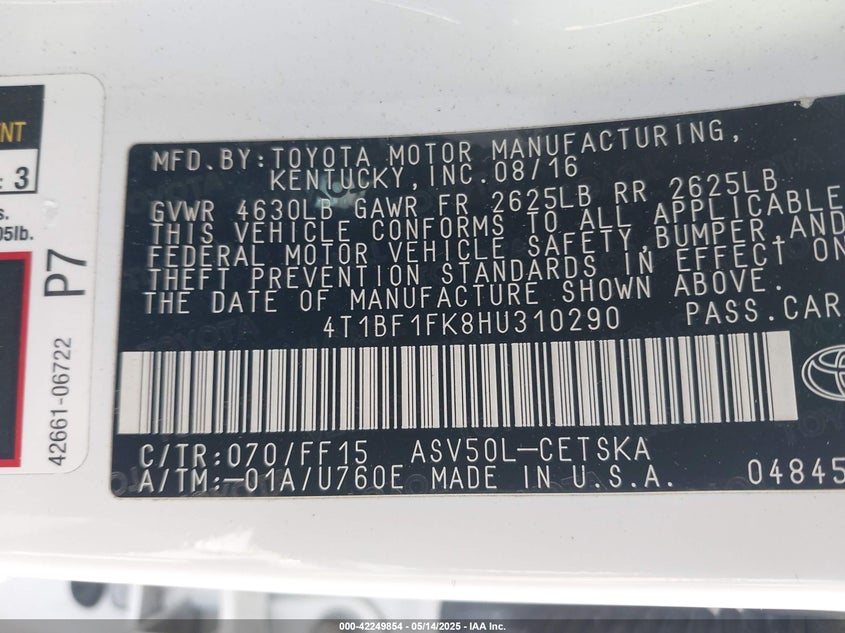 2017 TOYOTA CAMRY VIN: 4T1BF1FK8HU310290
