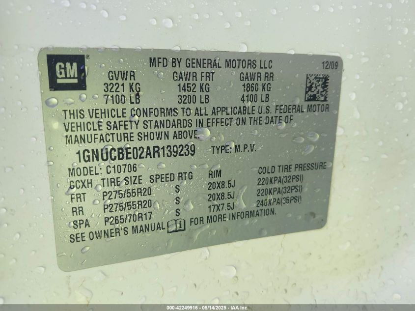 2010 Chevrolet Tahoe Lt VIN: 1GNUCBE02AR139239 Lot: 42249916