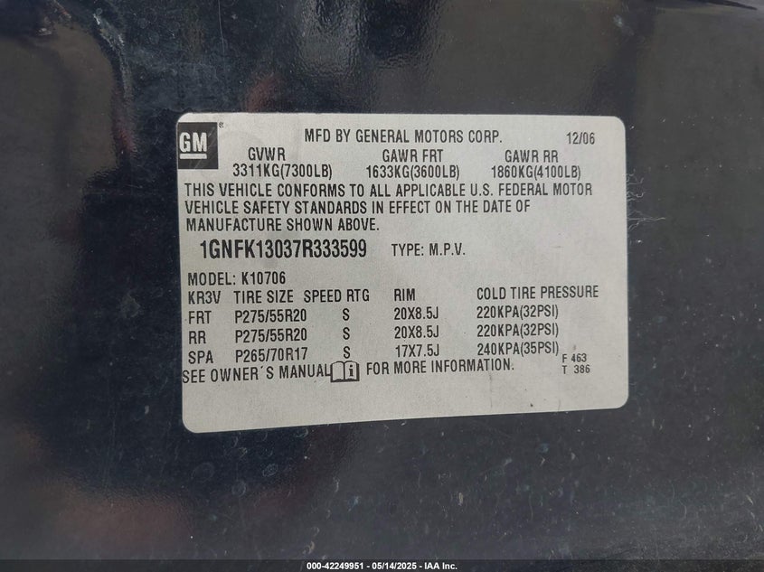 2007 CHEVROLET TAHOE VIN: 1GNFK13037R333599