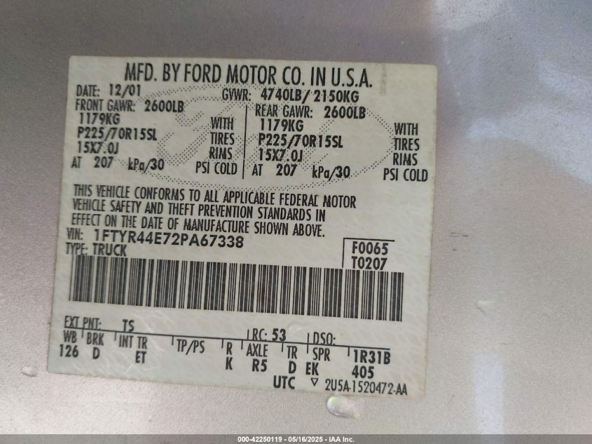 2002 Ford Ranger Xlt VIN: 1FTYR44E72PA67338 Lot: 42250119