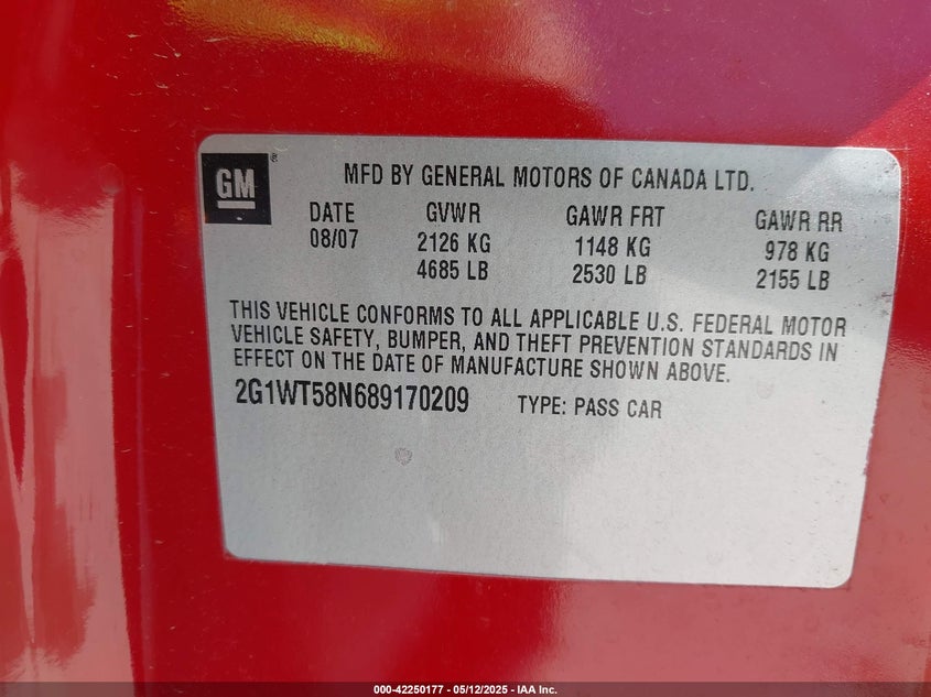 2008 CHEVROLET IMPALA VIN: 2G1WT58N689170209