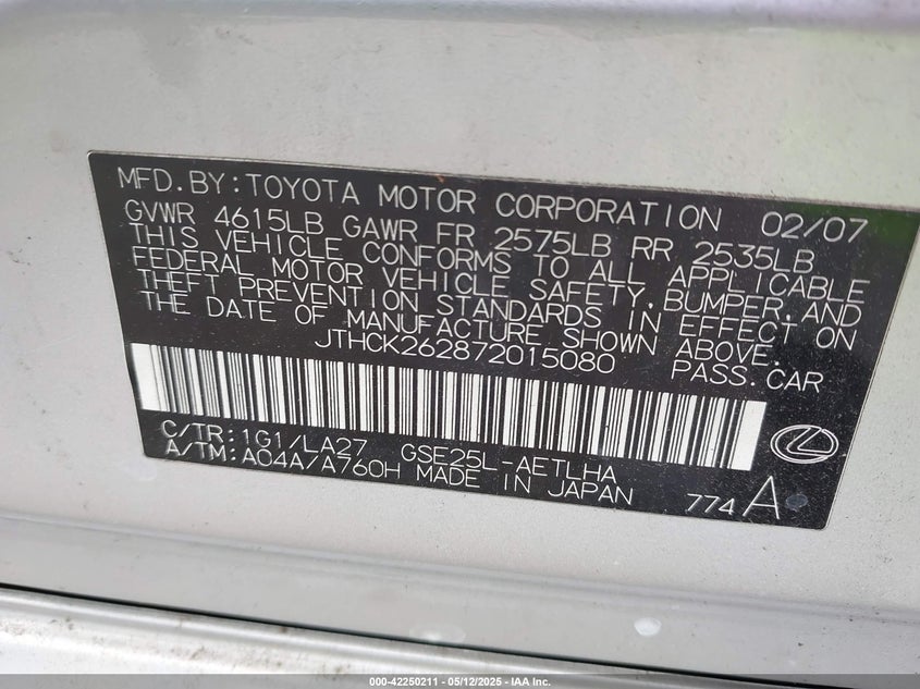 2007 LEXUS IS 250 VIN: JTHCK262872015080