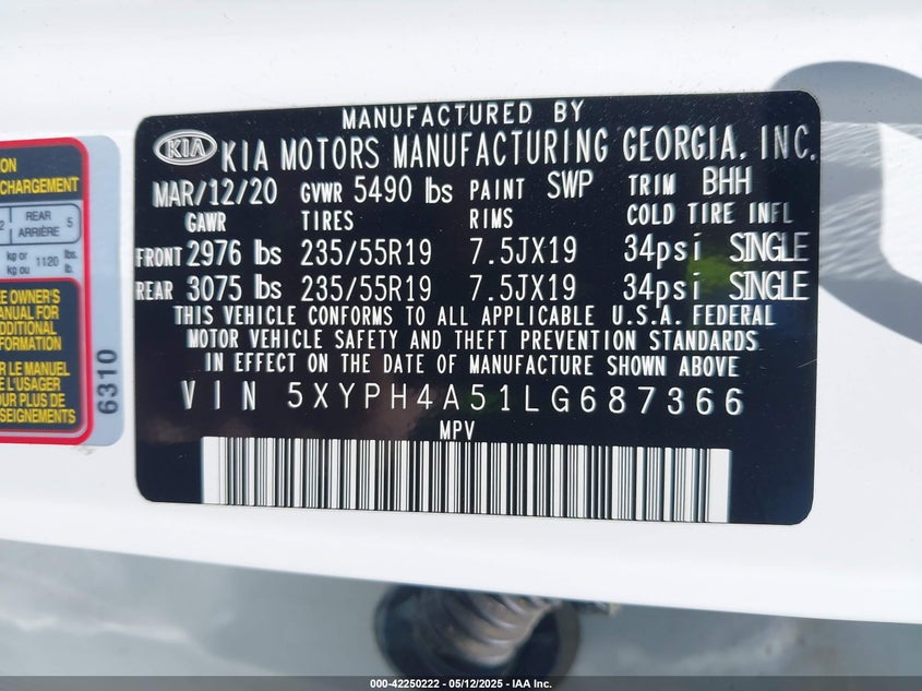 2020 KIA SORENTO VIN: 5XYPH4A51LG687366