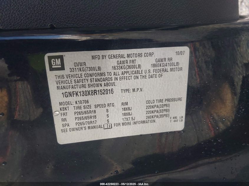 2008 Chevrolet Tahoe Lt VIN: 1GNFK130X8R152016 Lot: 42250223