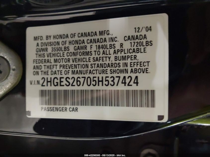 2005 Honda Civic Ex VIN: 2HGES26705H537424 Lot: 42250300