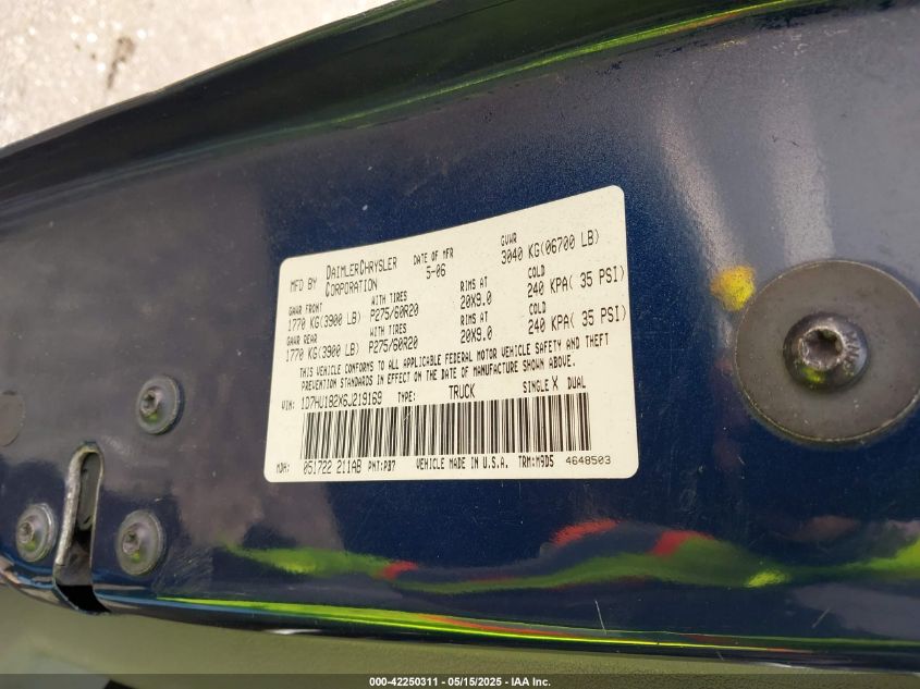 2006 Dodge Ram 1500 Slt/Trx4 Off Road/Sport VIN: 1D7HU182X6J219169 Lot: 42250311