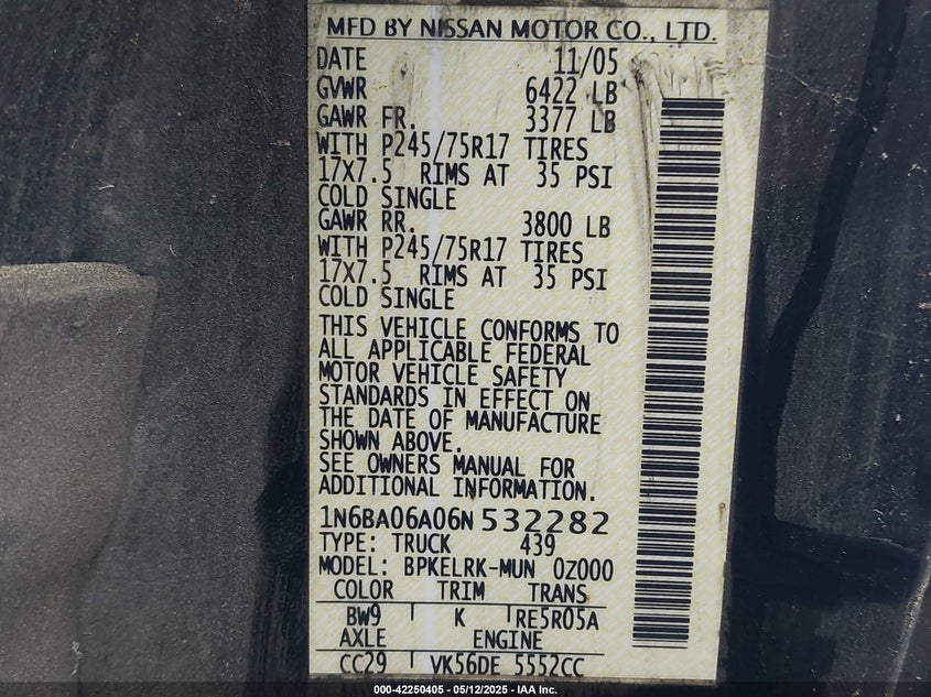 2006 NISSAN TITAN VIN: 1N6BA06A06N532282