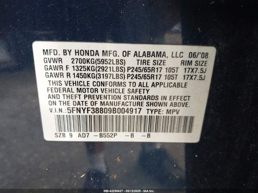 2009 Honda Pilot Touring VIN: 5FNYF38809B004917 Lot: 42250437