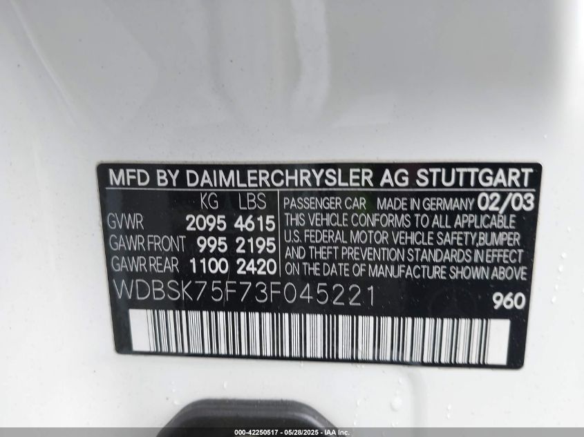 2003 Mercedes-Benz Sl 500 VIN: WDBSK75F73F045221 Lot: 42250517