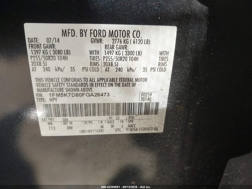 2015 FORD EXPLORER VIN: 1FM5K7D80FGA26473