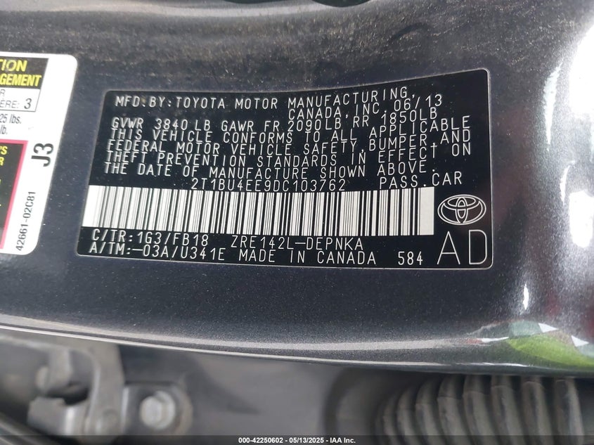 2013 TOYOTA COROLLA VIN: 2T1BU4EE9DC103762