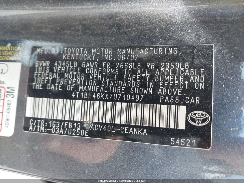 2007 Toyota Camry Le VIN: 4T1BE46KX7U710497 Lot: 42250654