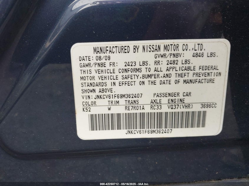 2009 INFINITI G37X VIN: JNKCV61F69M362407