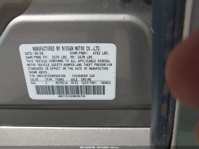 2009 INFINITI G37 VIN: JNKCV61E69M306796