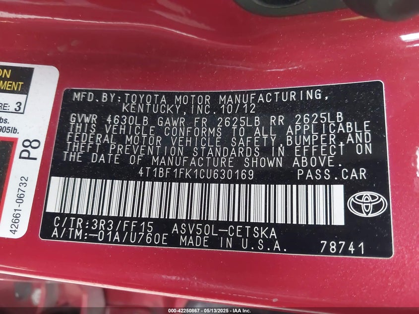 2012 TOYOTA CAMRY VIN: 4T1BF1FK1CU630169