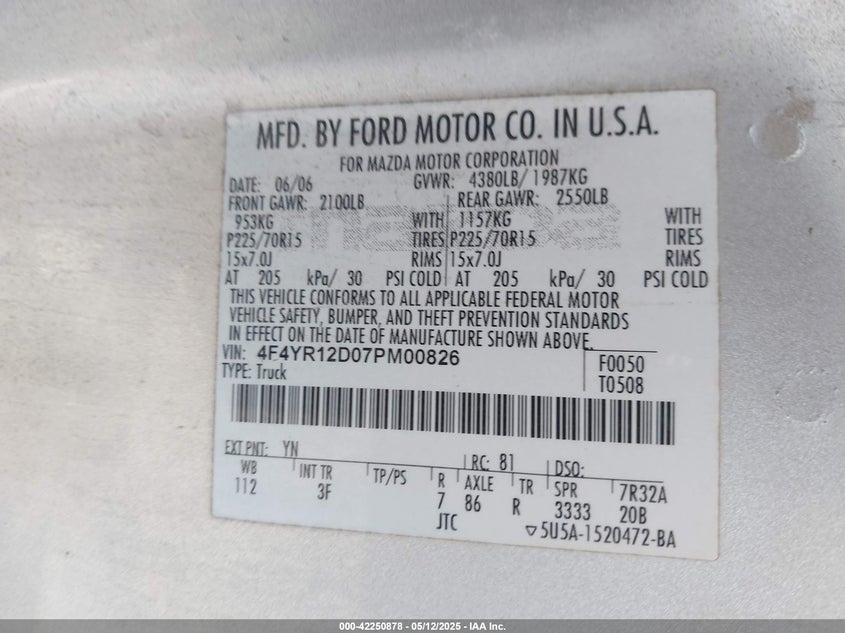 2007 MAZDA B2300 VIN: 4F4YR12D07PM00826