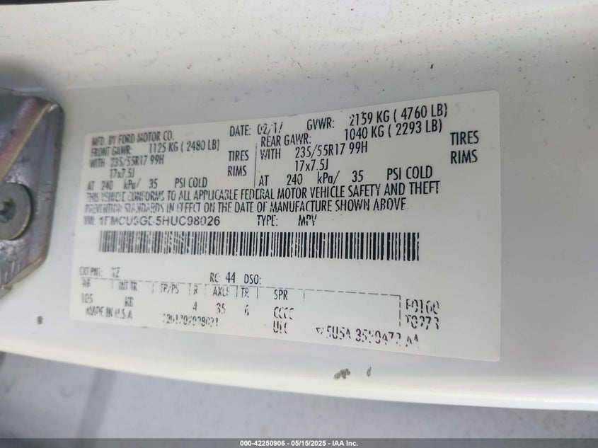 2017 FORD ESCAPE VIN: 1FMCU9GD5HUC98026