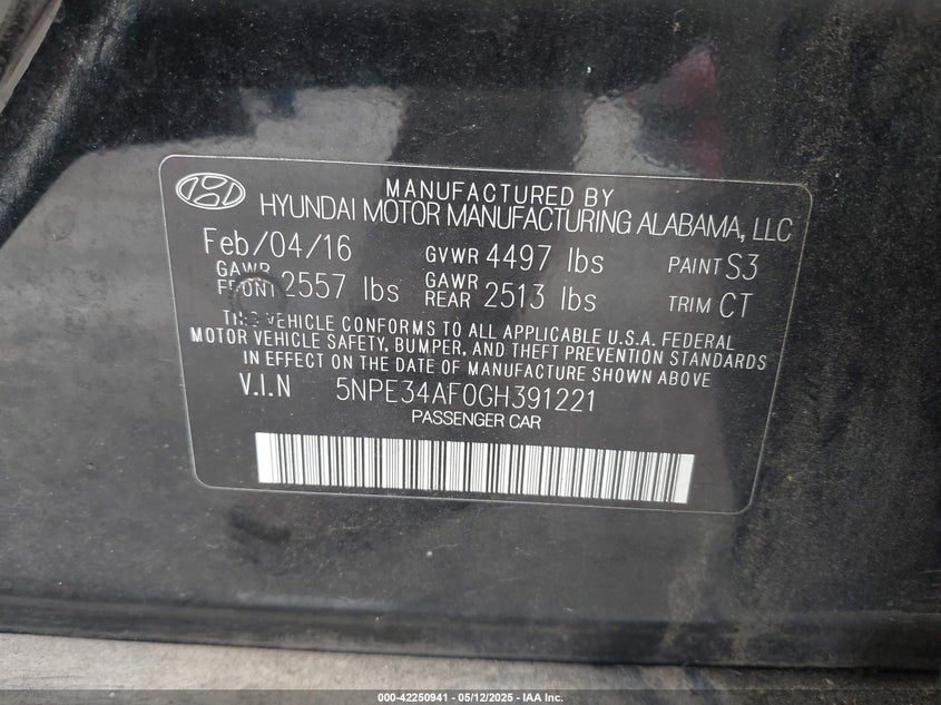 2016 HYUNDAI SONATA VIN: 5NPE34AF0GH391221