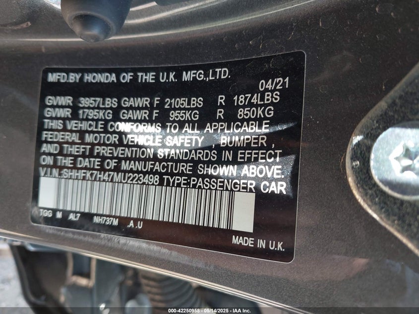 VIN SHHFK7H47MU223498 2021 HONDA CIVIC SPORT