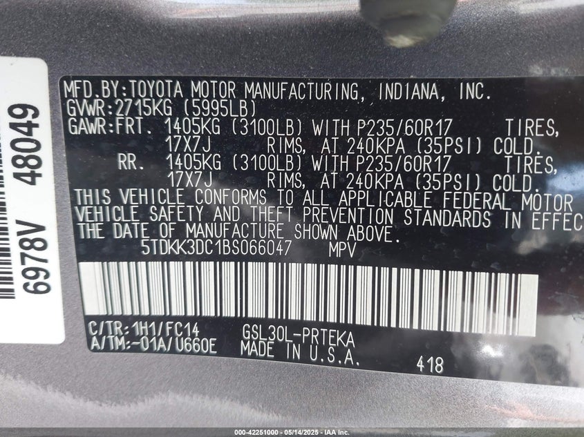 2011 TOYOTA SIENNA VIN: 5TDKK3DC1BS066047