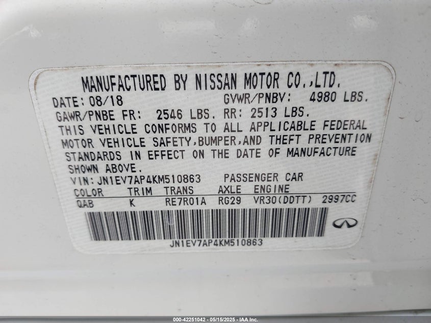 2019 INFINITI Q50 VIN: JN1EV7AP4KM510863