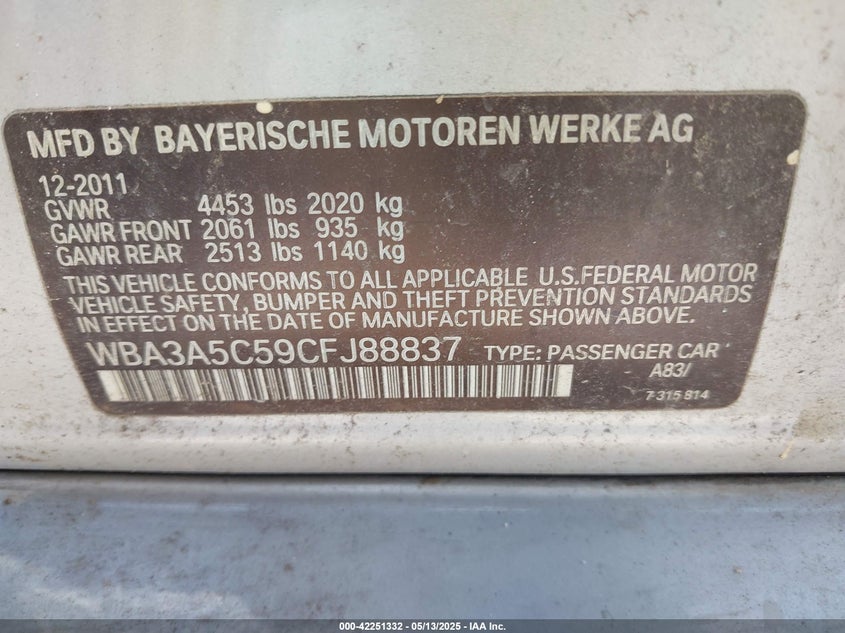 2012 BMW 328I VIN: WBA3A5C59CFJ88837