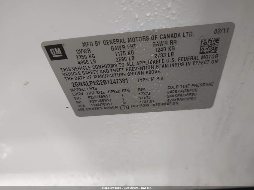 2011 CHEVROLET EQUINOX VIN: 2GNALPEC2B1247381
